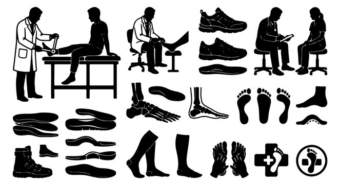 Orthopedic Footwear and Podiatry Icons: Shoe Inserts, Foot Anatomy, Doctor Consultation, Medical Symbols, Vector Set