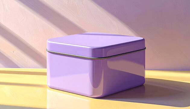 Pastel purple square tin box with gold rim sitting on yellow surface with soft wall shadow lighting