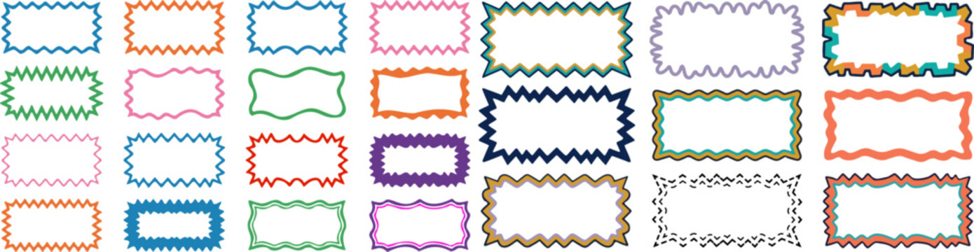 Decorative wavy border set, 24 colorful squiggly frame vectors, hand drawn doodle line rectangles for labels and scrapbooking.