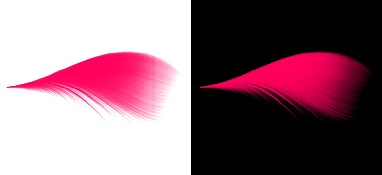 Creative pink feather brush stroke motion on transparent and black background for artistic graphic design element vector glowing soft paint flow with vibrant color texture.