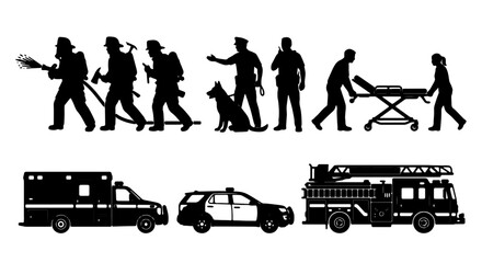Emergency Services Silhouettes: Firefighter, Police, Ambulance, Paramedic, Rescue Team, K9 Unit, Fire Truck, Patrol Car, Vector Icons for Safety and Public Service © Shafiul