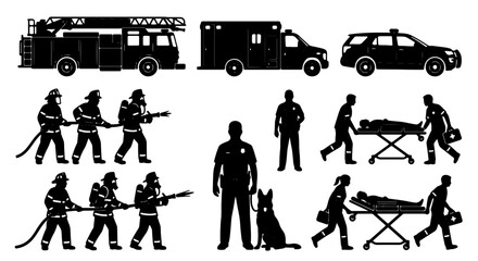 Emergency Services Vector Icons: Firefighters, Police, Paramedics, and Vehicles. Silhouette Collection for Safety and Rescue Concepts. © Shafiul