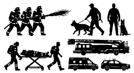 Emergency Services Vector Silhouettes: Firefighters, Rescue Teams, K9 Units, Ambulance, Fire Truck, Police Car, Medical Personnel, Safety Professionals © Shafiul