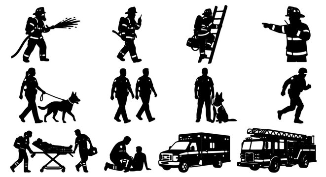 Emergency Services Vector Silhouettes: Firefighters, Paramedics, Police, Rescue Dog, Ambulance, Fire Truck, Medical Aid, Safety Personnel, Public Service Icons