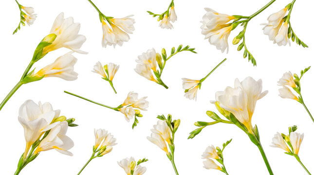Fresh white freesia flowers with green stems and budding blossoms.