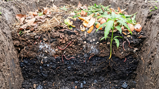 Underground cross section of soil trench with compost layers and carbon biochar