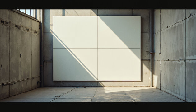 Minimalistischer leerer Raum mit einer gro&szlig;en, strahlend wei&szlig;en Wand, durch die helles Sonnenlicht durch ein Fenster f&auml;llt und sanfte Schatten wirft