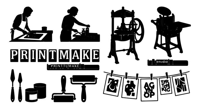 Printmaking Studio Icons, Vintage Press Machines, Artist Tools, Silhouettes of Craftsmen, and Hanging Artwork for Creative Arts and Graphic Design Projects