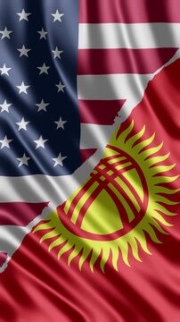 American and Kyrgyz Flags Rippling Together, Symbolizing International Relations, Diplomacy, Partnership, and Global Political Cooperation Footage