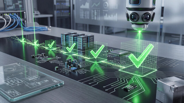 Automating Circuit Board Quality Inspection with AI Robotic Vision Systems in Semiconductor Manufacturing Lab Concept Green Laser Checkmarks PCB Chip Server Blue Industrial