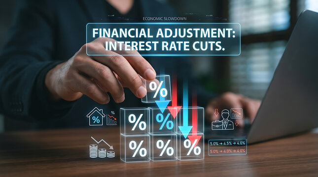Close-up of hand stacking wooden blocks with percentage symbols and downward arrows showing interest rate reduction financial adjustment and economic crisis affecting global market investment