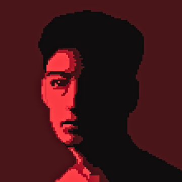 Pixelated close-up portrait of a young person with melancholic expression, 8-bit retro digital illustration, monochrome or muted tones, abstract facial features, emotional and introspective mood, vint