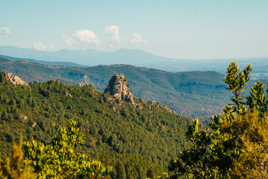 Collines bois&eacute;es et piton rocheux, massif de Bavella, Corse, France