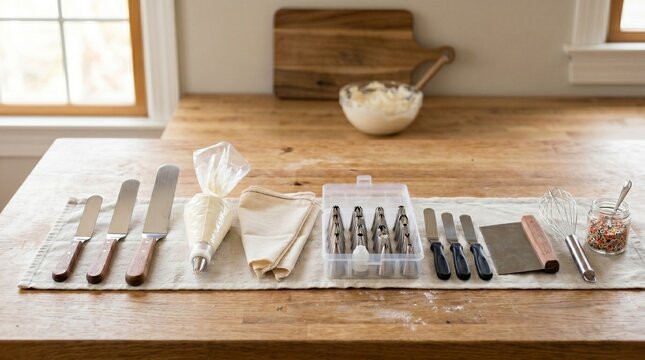 Baking decoration tools, icing spatulas and decorating accessories arranged on a wooden table