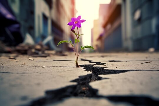 Purple flower defiantly growing through cracked concrete in a decaying urban street