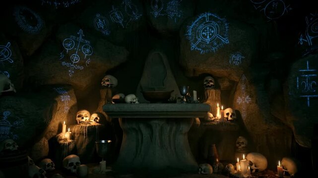 Ancient Ceremony In Shadowy Cave. Eerie Underground Altar Decorated With Bones And Glowing Symbols