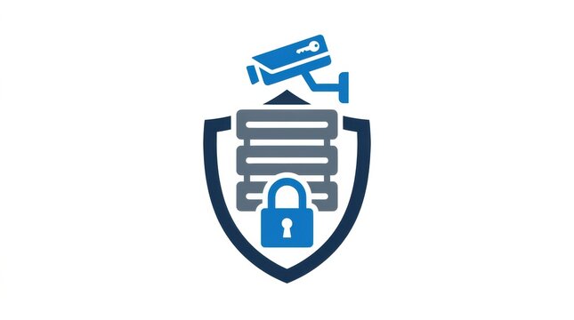 A security shield with a camera and padlock, symbolizing security measures in physical safety and monitoring activities.