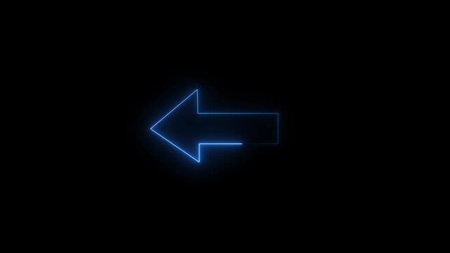 Single glowing blue neon left pointing arrow symbol on dark background direction