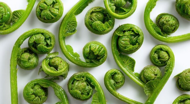 Close-up of Fresh Green Fiddlehead Ferns Unfurling on a White Background.