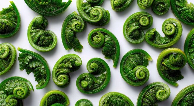 Close-up view of fresh green fiddleheads unfurling on a white background.