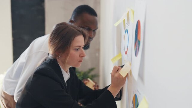 African american man and caucasian woman discussing business project in office. People presenting report with diagrams on wall, brainstorming and teamwork, planning startup development, modern company