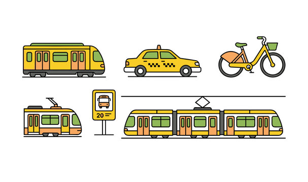 Public transportation icon set with city metro train yellow taxi cab commuter bicycle electric tramway bus stop sign and light rail transit