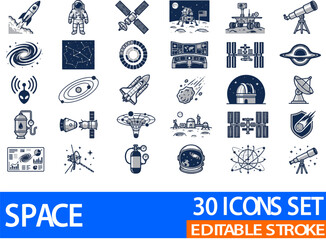 Space icons display a comprehensive set of astronomical elements for educational science projects. © Hasal