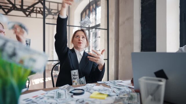 Merry party in office, happy workers throwing money in air in conference hall. Coworkers celebrating successful business deal and investments, rejoicing salary and benefits, hundred dollars banknotes