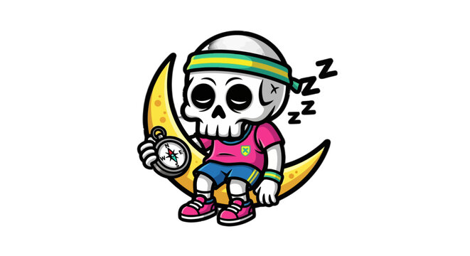Cute Cartoon Skeleton Sleeping on Crescent Moon.