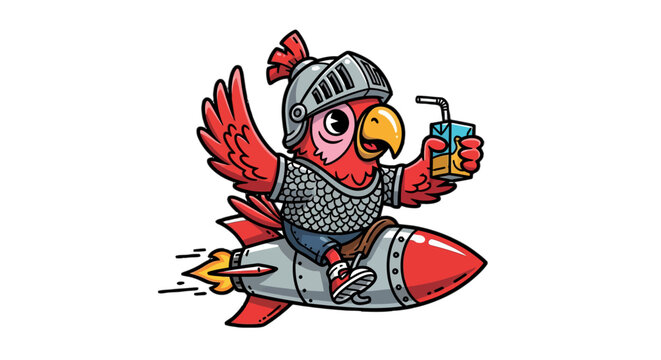 Whimsical Knight Parrot Riding Colorful Rocket Toy.