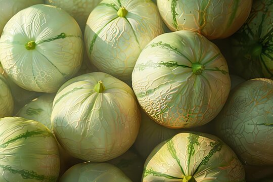 Vibrant green striped cushaw squash forming a beautiful display at a local farmers market, showcasing the season's fresh harvest