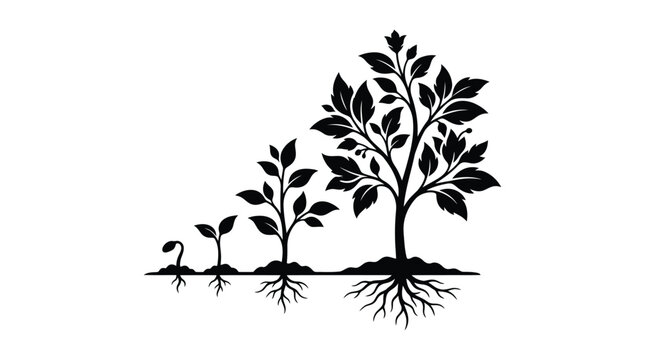 plant growth stages in black silhouette seedling sapling tree roots leaves nature
