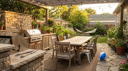 Fototapeta premium Charming backyard patio with a modern stone outdoor kitchen, long wooden dining table, and ambient string lights under a rustic pergola, ideal for al fresco dining and relaxing