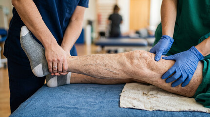 Naklejka premium Extreme close-up of an elderly man's leg receiving professional massage and stretching therapy from a physiotherapist during a rehabilitation and occupational therapy session