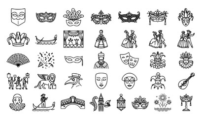 Carnival of Venice 30 Simple Vector Icons Set with Masquerade Masks Costume Fashion and Italy Festival Symbols © Shameem