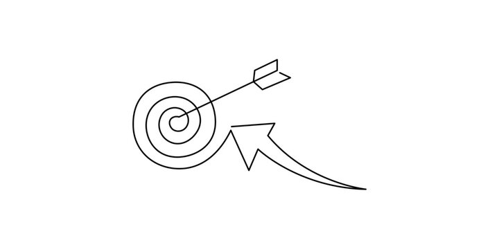 Continuous line drawing of an arrow hitting spiral target, business goal achievement and success concept
