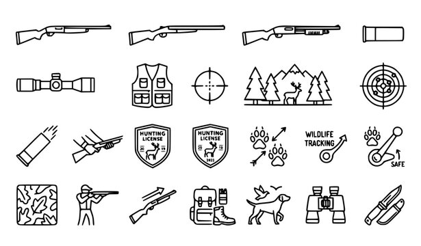 Hunter Shotgun 20 Outline Icons Set with Hunting Firearm Gear Outdoor Shooting and Safety Symbols