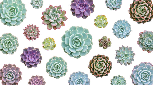 Vibrant succulent plants in various sizes and colors, perfect for botanical design elements and decorative patterns.