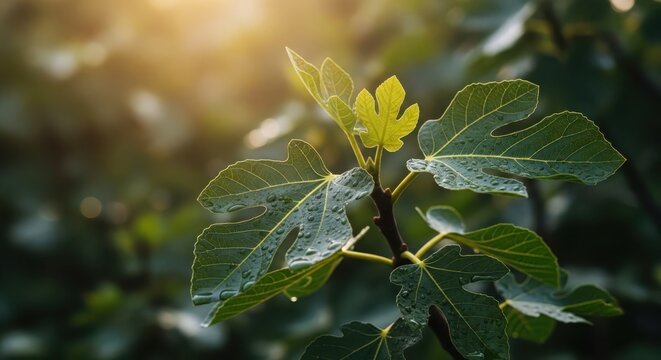 Close-up of glistening dew drops on lush green fig leaves catching warm morning sunlight in a garden setting
