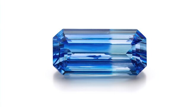 Emerald Cut Blue Gemstone Isolated on White Background.