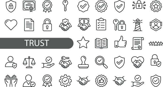 Trust icon set. Containing confidence, credibility, promise, trustworthiness, friends, truth, . Editable line icons. Vector illustration.