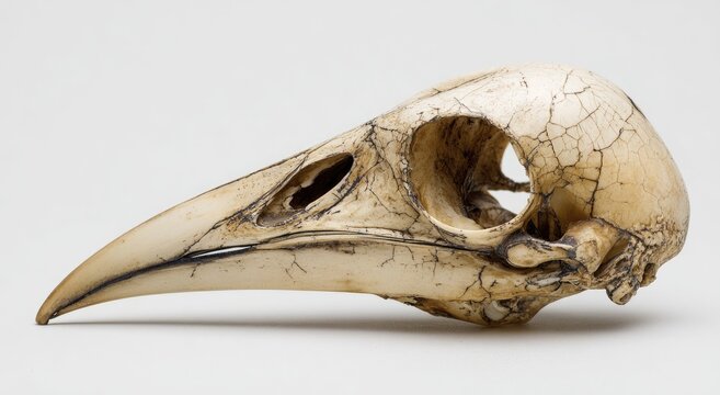 Detailed Bird Skull Specimen Isolated on White Background.