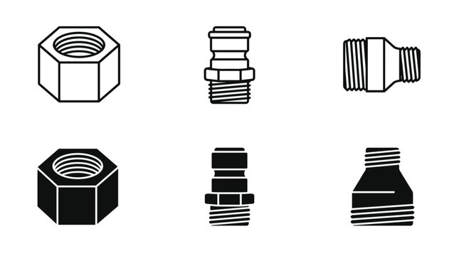 Industrial pipe fittings and hex nut vector icons package with linear and silhouette designs for plumbing engineering and hardware retail