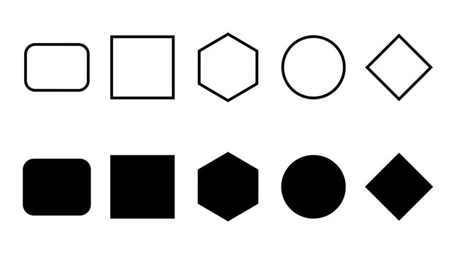Geometric shape outlines and solid black silhouettes collection including rectangle square hexagon circle and diamond icons for graphic web layout