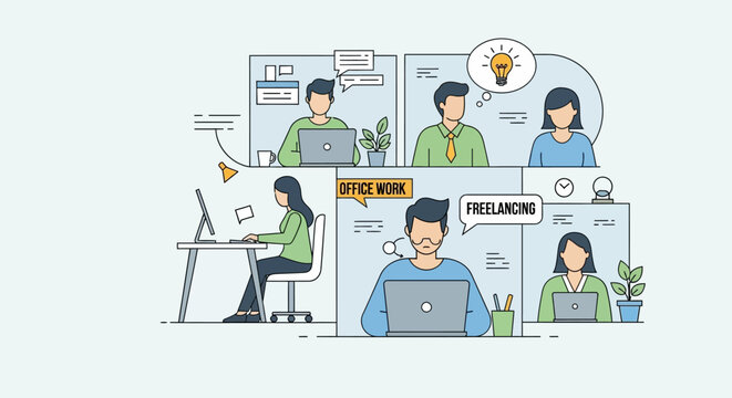 Creative workspace illustration depicting office dynamics