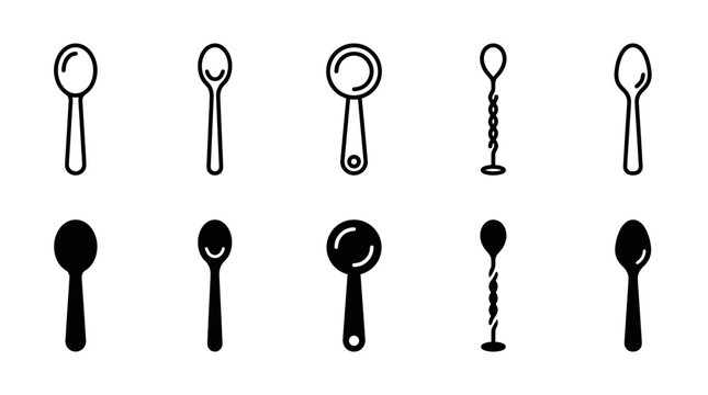 Assorted spoons vector icons set featuring soup spoon measuring spoon and bar spoon styles in outline and silhouette graphic options