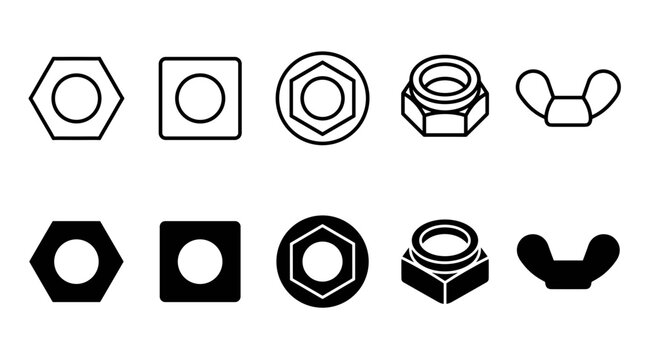 Hexagonal and square screw nuts vector illustration collection with wing nut and lock nut variants in line and filled silhouette styles