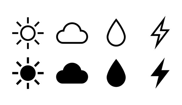 Weather forecasting vector outline and solid silhouette icon set featuring sun cloud raindrop and lightning bolt symbols for mobile user interface