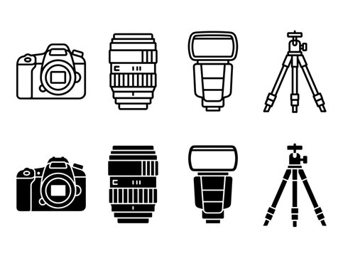 Professional photography equipment kit icons featuring dslr camera body optical zoom lens external speedlight flash and studio tripod