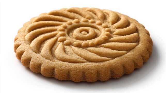 Ornate Circular Biscuit with Swirling Pattern and Fluted Edges.